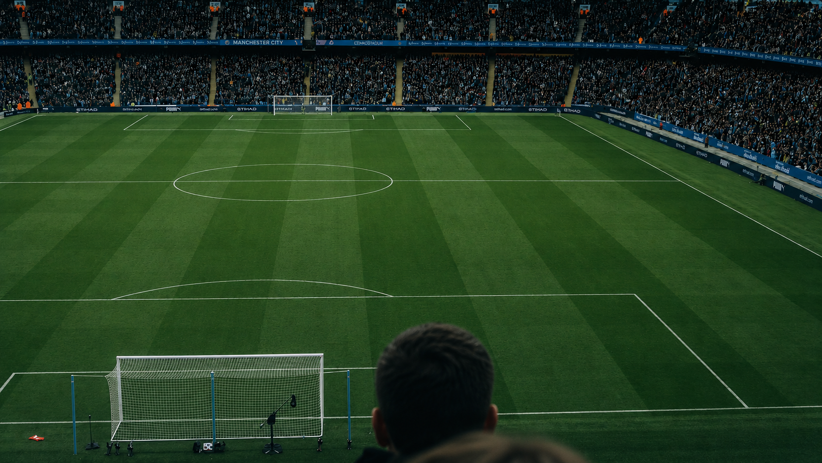 View across the pitch of a packed football stadium