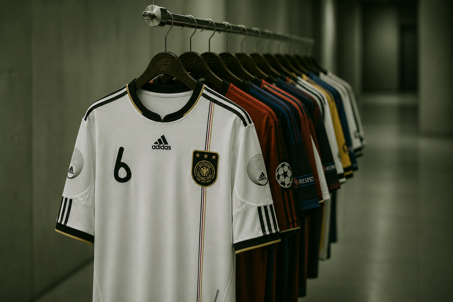 Collection of historic shirts on a rail, in front an original worn Germany shirt with number 6
