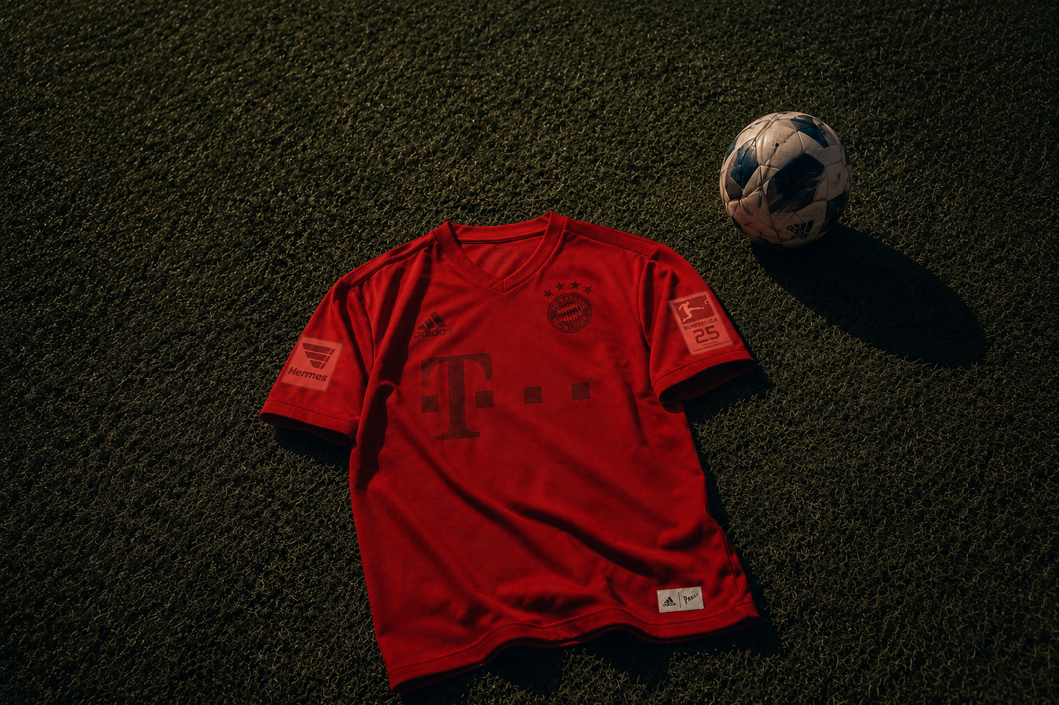 Red matchworn shirt of FC Bayern Munich with a match ball on the pitch